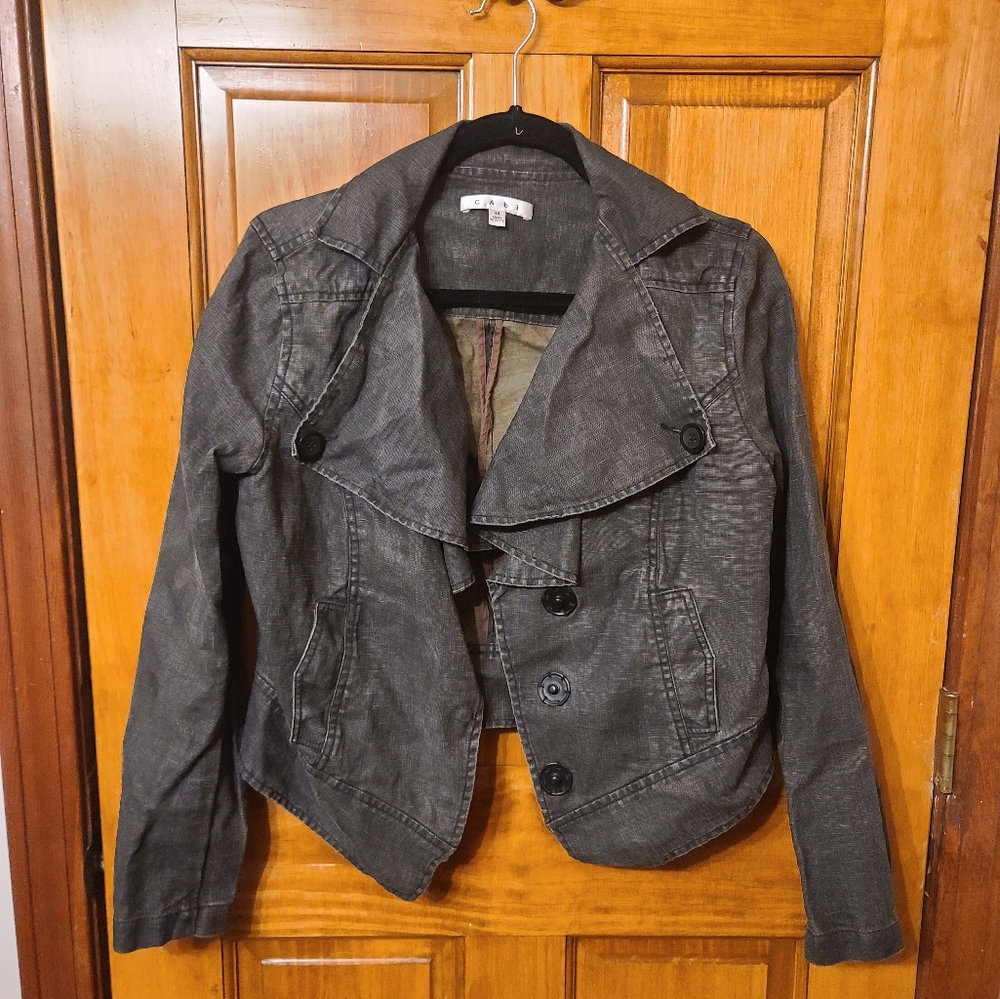 CAbi women’s black coated linen leather like waterfall collar jacket Size Medium